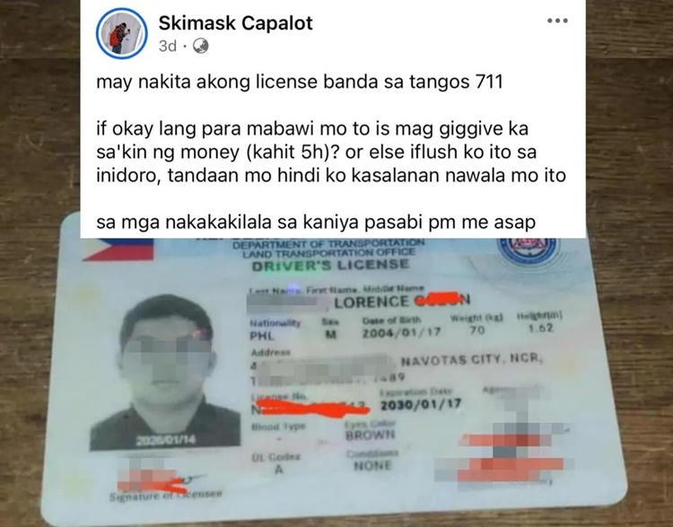 Netizen Faces Backlash After Asking P500 to Return Found Driver’s License