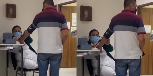 座る看護師と立つ患者 血圧測定動画が話題