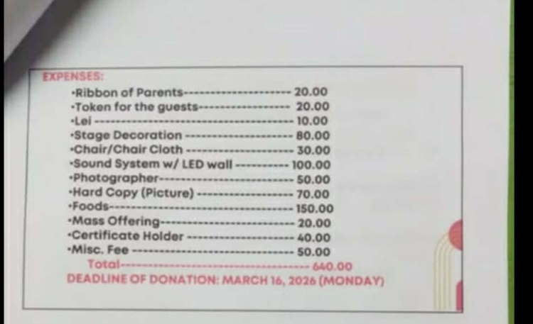 卒業式費用640ペソに母親が疑問の声