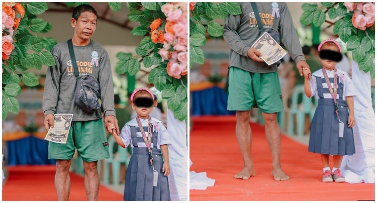 裸足の父、娘の進級式で愛情示す
