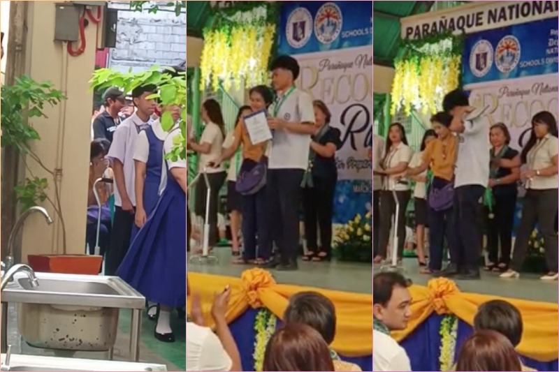 卒業式、脳卒中の母が息子にメダル贈呈